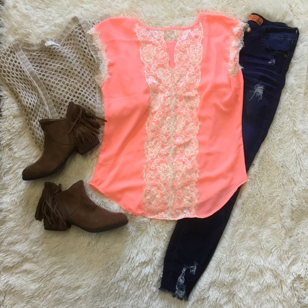Coral and cream lace back top